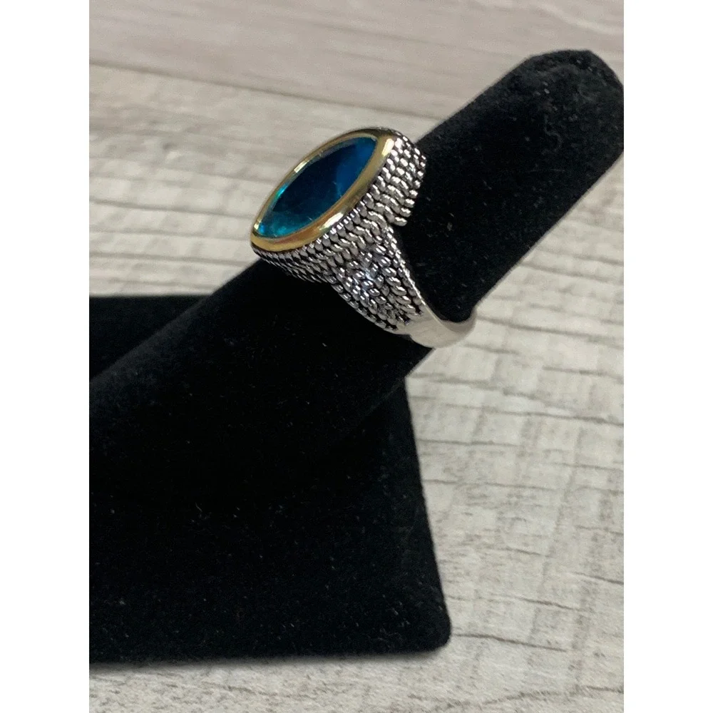 Blue Marquise Stone Mixed Metal Textured Band Statement Ring Size 6.25